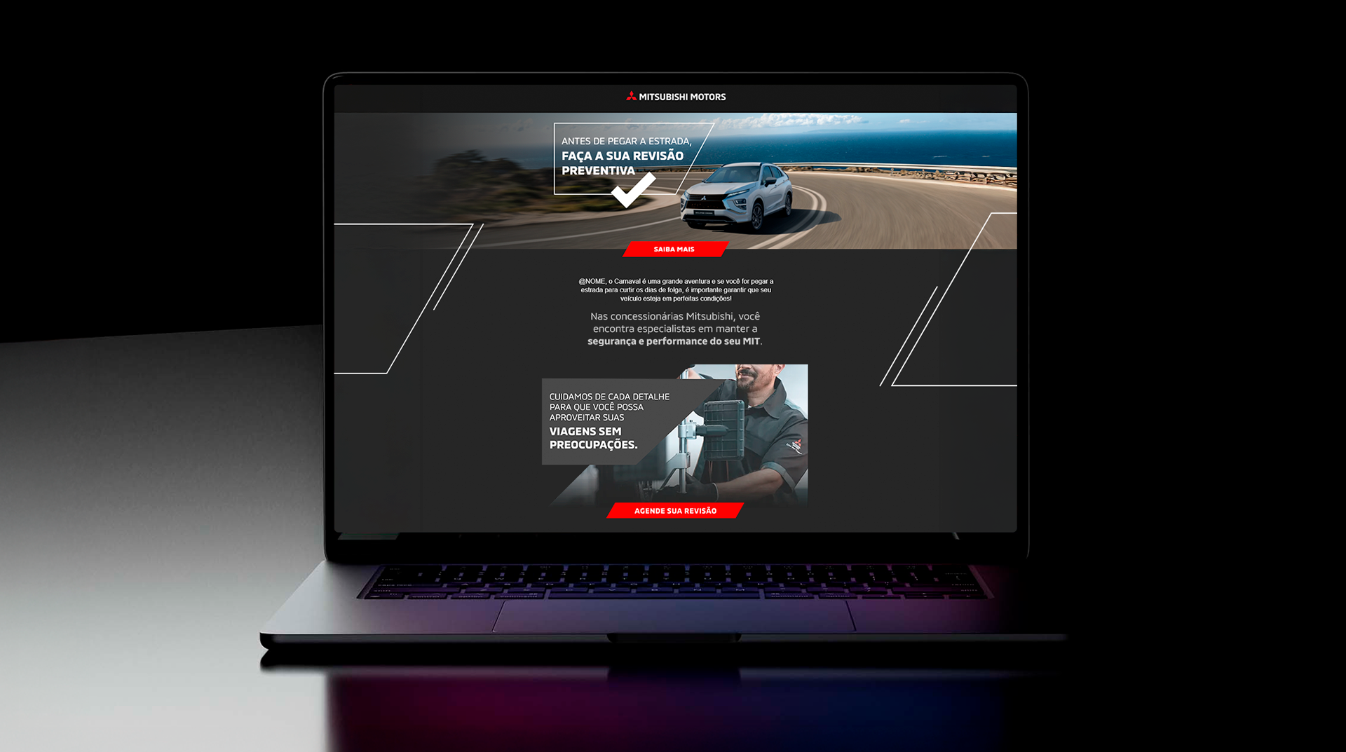 Conjunto visual CRM Mitsubishi, destaque para hero e CTAs